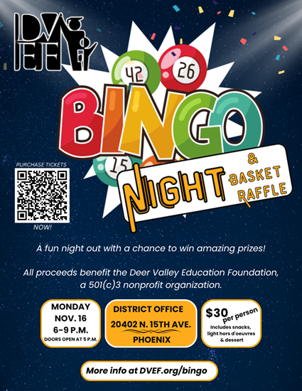 Colorful “Bingo Night & Basket Raffle” event poster with a QR code, event details, and DVEF.org/bingo website.